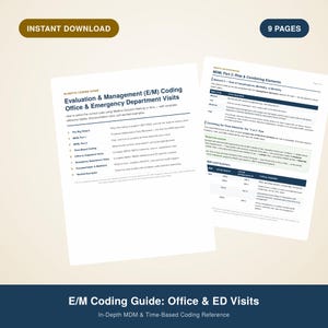 May include: A nine-page digital document titled Evaluation & Management (E/M) Coding Office & Emergency Department Visits. The guide includes detailed reference tables, documentation rules, and worked examples for medical coding and MDM.