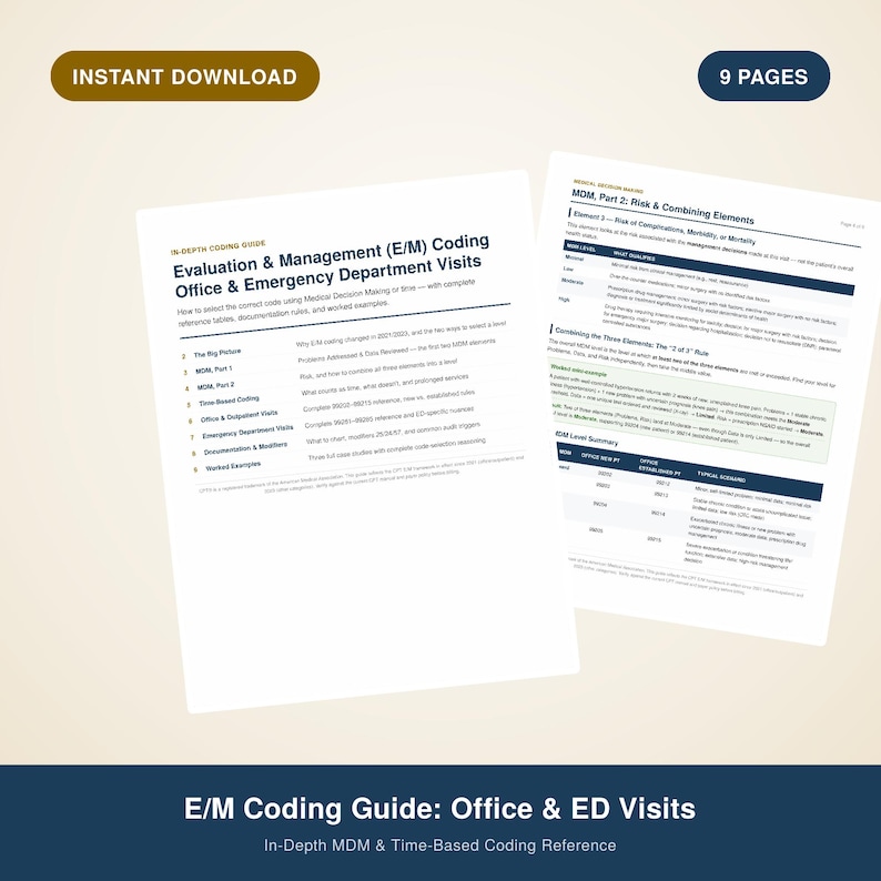 May include: A nine-page digital document titled Evaluation & Management (E/M) Coding Office & Emergency Department Visits. The guide includes detailed reference tables, documentation rules, and worked examples for medical coding and MDM.