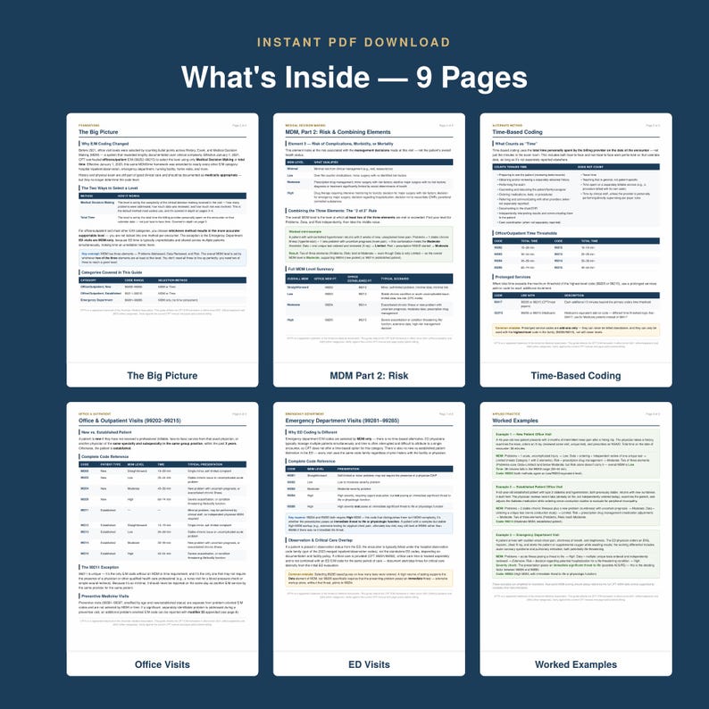 May include: A nine-page digital PDF guide titled What's Inside, featuring medical coding information. The pages include sections on The Big Picture, MDM Part 2: Risk, Time-Based Coding, Office Visits, ED Visits, and Worked Examples with tables.