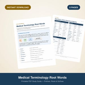 May include: A printable 8-page medical terminology study guide featuring root words, prefixes, and suffixes. The document includes tables for cardiovascular, respiratory, and digestive systems, with clear explanations on how medical terms are built.