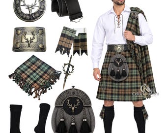 Herren-Kilt-Outfit, schottisches Hirschkopf-Hochzeitskilt-Set, 10-teilig, traditionelles Kilt-Outfit, erhältlich in über 80 Tartanfarben
