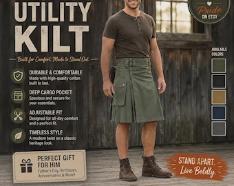 Olive green utility-style men's kilt / Modern tactical cargo kilt / Perfect gift for him / Available in various colors