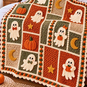 Puede incluir: Una manta de ganchillo con un diseño de patchwork de cuadrados en naranja quemado, verde oliva y crema. Los cuadrados están decorados con apliques de fantasmas blancos, calabazas naranjas, estrellas amarillas y lunas crecientes, con un borde de pompones.