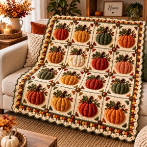 May include: A cream-colored crochet blanket featuring a grid of square panels, each displaying a three-dimensional pumpkin in shades of orange, yellow, green, and white. The blanket is finished with a decorative scalloped border of small leaves.