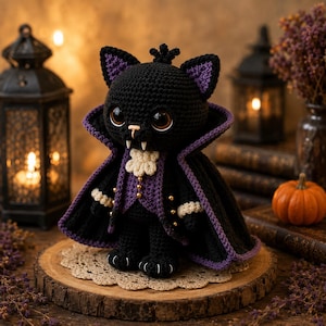 May include: A crocheted black cat doll dressed as a vampire, featuring large brown eyes, white fangs, a purple and black cape with a high collar, a cream-colored ruffled cravat, and small gold buttons on the front of the vest and sleeves.