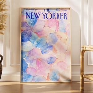 Vintage New Yorker Pastel Leaf Poster, Pink Blue Abstract Botanical Watercolor Print, August 1964 Magazine Cover Leaf Pattern Wall Art Decor