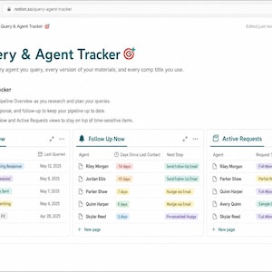 May include: A digital Notion workspace titled Query & Agent Tracker featuring three columns: Pipeline Overview, Follow Up Now, and Active Requests. The interface displays lists of literary agents with status tags, contact timelines, and request types.