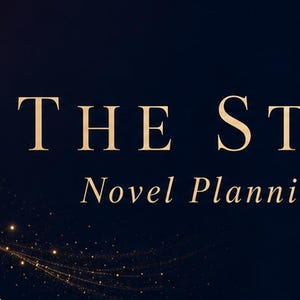 May include: A dark blue banner featuring the gold text THE STORY DESK and Novel Planning Tools for Writers. An open book graphic is at the bottom left with a glowing gold light trail rising upward against a dark background with gold sparkles.