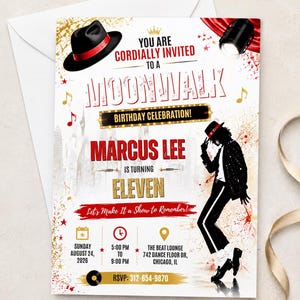 May include: A birthday invitation card featuring a black fedora with a red band, a spotlight, and a silhouette of a dancer in a sequined jacket. The text reads: You are cordially invited to a Moonwalk birthday celebration, Marcus Lee is turning eleven.