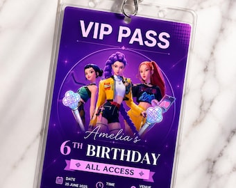 Pass VIP Kpop Demon Hunters, badge identificativo Huntrix, pass per feste Kpop, tessera VIP stampabile, modello Canva modificabile, festa di compleanno Kpop