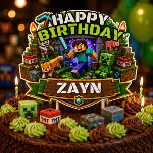 May include: A Minecraft-themed cake topper featuring the text HAPPY BIRTHDAY and ZAYN. The design includes a pixelated character holding a sword, a creeper, a fox, a skeleton, and TNT blocks. The topper is displayed on a chocolate cake with green frosting.