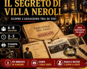 Cena con delitto da stampare PDF, gioco investigativo per adulti 6-8 giocatori, murder mystery party italiano, Villa Neroli