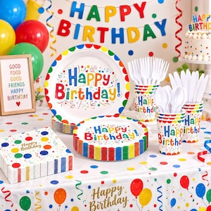 May include: A birthday party supply set featuring white paper plates, cups, and napkins decorated with colourful polka dots and the text Happy Birthday. The set includes white plastic forks and spoons, all arranged on a matching tablecloth.