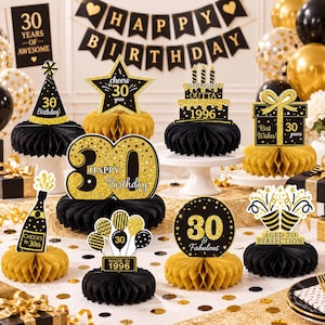 May include: A set of black and gold 30th birthday honeycomb centerpieces featuring various designs including a party hat, a star, a cake with the text 1996, a gift box, a champagne bottle, balloons, and signs reading Happy Birthday and Aged to Perfection.