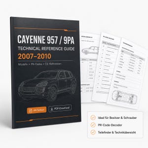 Könnte beinhalten: Ein schwarzes technisches Referenzhandbuch für den Cayenne 957/9PA 2007-2010 mit orangefarbenen Akzenten und einer Strichzeichnung eines Autos auf dem Cover. Der Leitfaden umfasst 44 Seiten und eine PDF-Download-Option sowie drei technische Innenseiten.