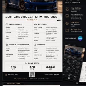 Op de afbeelding: Een digitaal autoshow-specificatieblad sjabloon voor een 2011 Chevrolet Camaro 2SS. Het document bevat een afbeelding van een blauwe auto, prestatiegegevens, technische specificaties, bouwstatistieken en bewerkbare Canva-lay-outopties.