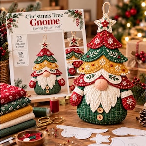 May include: A Christmas tree gnome sewing pattern PDF featuring a finished gnome ornament with a layered red, green, and yellow fabric tree hat, a white beard, and a round nose. The display includes fabric stacks, buttons, and paper templates.