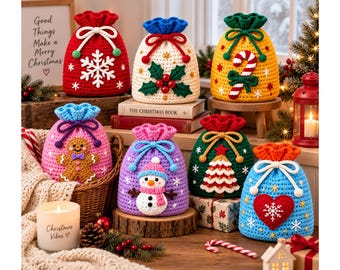 May include: A collection of seven crocheted drawstring bags featuring festive holiday designs including a white snowflake, holly leaves, a candy cane, a gingerbread person, a snowman, a Christmas tree, and a red heart with a white snowflake.