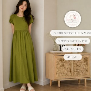 May include: A solid olive green short-sleeve maxi dress with a round neckline and a gathered waistline. The image includes text that reads: SHORT SLEEVE LINEN MAXI, SEWING PATTERN PDF, A4 - A0 - US, and 4XL/5XL, along with a circular logo.