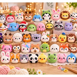 May include: A large collection of small, round, crocheted plush animals and creatures featuring various designs including a panda, frog, pig, owl, unicorn, tiger, and bee, all arranged in rows on a wooden surface with yarn and tools.