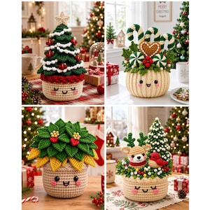 May include: A set of four crocheted holiday decorations featuring a Christmas tree, candy canes with a gingerbread heart, a poinsettia plant, and a reindeer with a bird, all housed in cream-colored pots with embroidered smiling faces.