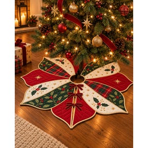 May include: A circular Christmas tree skirt featuring a petal-shaped design with alternating panels of red, cream, and dark green fabric. The panels are decorated with embroidered holly leaves, red berries, gold stars, and plaid patterns, secured by three red velvet bows.