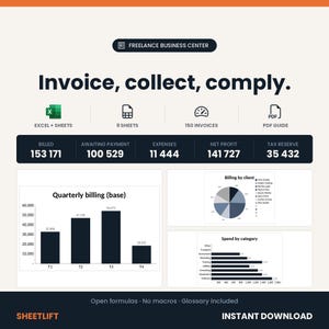 Freelance Bookkeeping Spreadsheet Excel and Google Sheets - Invoice Tracker, Clients, Expenses and Tax for Self Employed