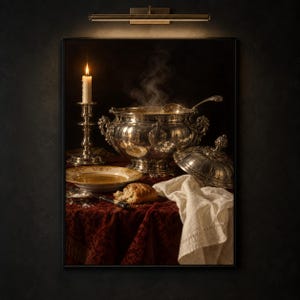 May include: A silver soup tureen with a matching lid, a silver candlestick with a lit candle, a bowl of soup, a piece of bread, and a white cloth napkin arranged on a dark red textured tablecloth, illuminated by a warm light from above.