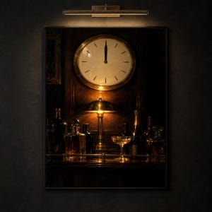 New Years Eve Wall Art | Midnight Bar Clock Oil Painting Print, Moody Speakeasy Poster, Dark Luxe Home Bar Decor, Dining Room Canvas