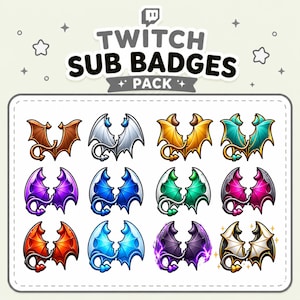 Pode incluir: Uma coleção digital de doze emblemas de subscritor da Twitch com asas e caudas de demónio estilizadas em várias cores, incluindo bronze, prata, ouro, azul-petróleo, roxo, azul, verde, rosa, vermelho, azul-claro, roxo escuro e preto e branco.