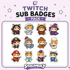 Puede incluir: Un paquete digital de doce insignias de suscripción de Twitch con gatos naranjas vestidos con varios disfraces, incluyendo ninja, astronauta, samurái, mago, pirata, caballero, detective, chef, bombero, médico, punk y jugador de fútbol con texto.
