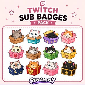 以下が含まれることがあります： カラフルな箱に入った様々な子猫が描かれたTwitchサブスクライバーバッジ12種類のデジタルコレクション。上部にTWITCH SUB BADGES PACKのテキスト、下部に紫色のフォントでブランド名Streamerlyが記載されています。