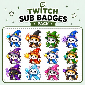 Puede incluir: Una colección digital de doce insignias de suscriptor de Twitch con gatos de dibujos animados vestidos de magos. Cada gato lleva una túnica y un sombrero de colores, sosteniendo objetos mágicos. El texto TWITCH SUB BADGES PACK es visible.