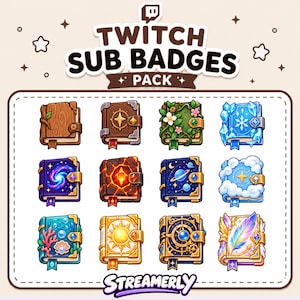 Op de afbeelding: Een digitaal pakket van twaalf vierkante Twitch-abonneebadges met een boekthema. De collectie bevat diverse ontwerpen, waaronder motieven van hout, natuur, ijs, sterrenstelsel, lava, ruimte, wolken, oceaan, zon, uurwerk en veren in levendige kleuren.
