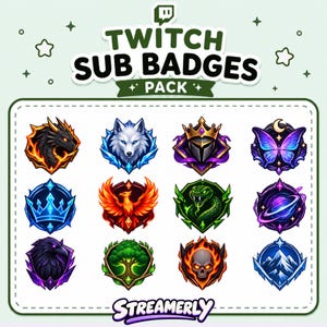 May include: A digital collection of twelve Twitch sub badges featuring icons of a dragon, wolf, knight helmet, butterfly, crown, phoenix, snake, planet, raven, tree, skull, and mountains, with the text TWITCH SUB BADGES PACK and STREAMERLY.