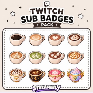 Pode incluir: Uma coleção digital de doze emblemas de subscritor da Twitch com vários designs de café e bebidas em canecas de cerâmica. O conjunto inclui café preto, lattes com arte de espuma em forma de coração e folha, chocolate quente e canecas de fantasia.