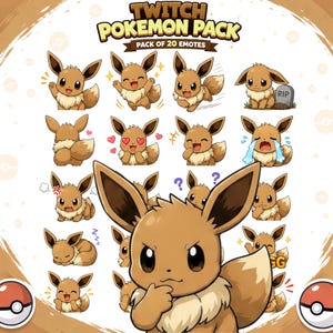 Op de afbeelding: Een digitale collectie van 20 Eevee-emotes voor Twitch, met het bruine en crèmekleurige wezen in verschillende uitdrukkingen zoals vrolijk, huilend, slapend en boos. De tekst TWITCH POKEMON PACK PACK OF 20 EMOTES staat bovenaan afgebeeld.
