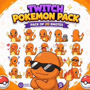 May include: A digital collection of 20 Twitch emotes featuring the orange Pokemon Charmander in various expressions and poses, including laughing, crying, and wearing sunglasses, with the text TWITCH POKEMON PACK PACK OF 20 EMOTES displayed.
