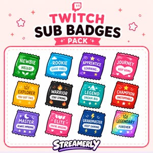 Könnte beinhalten: Ein Set aus zwölf Twitch-Abonnenten-Abzeichen in Form von Bonbonverpackungen in verschiedenen Farben. Jedes Abzeichen zeigt einen Rangnamen, einen motivierenden Spruch und kleine Symbole wie Sterne, Herzen oder Flammen. Der Text umfasst Newbie, Rookie, Apprentice, Journey, Explorer, Warrior, Legend, Champion, Master, Elite, Grandmaster und Legendary.