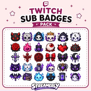 Peut inclure: Une collection de trente badges d'abonnement Twitch numériques présentant des icônes gothiques et mystiques, notamment des crânes, des chats, des roses, des cœurs, des nœuds, des cristaux et des objets magiques. Le texte TWITCH SUB BADGES PACK et STREAMERLY est en violet.