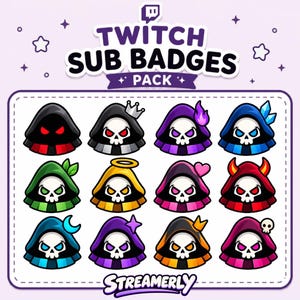 Puede incluir: Un paquete digital de doce insignias de suscriptor de Twitch con personajes de calaveras con capucha en varios colores y temas, incluyendo coronas, llamas, hojas, halos, corazones, cuernos, lunas, estrellas y calaveras pequeñas, con el texto Twitch Sub Badges Pack Streamerly.