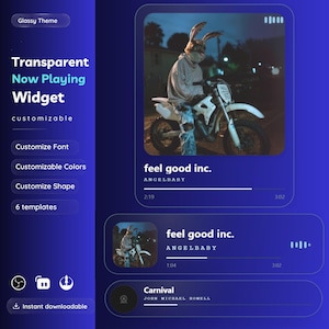 May include: A digital interface design featuring a transparent now playing widget with a dark blue gradient background. The display shows song titles feel good inc. and Carnival, artist names, progress bars, and a graphic of a person in a rabbit mask.