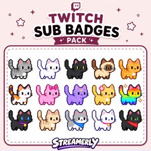Puede incluir: Una colección digital de quince iconos de gatos en pixel art etiquetados como TWITCH SUB BADGES PACK y STREAMERLY. Los gatos presentan varios colores y patrones, incluyendo atigrado, negro sólido, blanco, calicó, arcoíris y gatos con accesorios como lazos, collares y pañuelos.