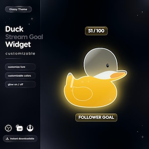 Può includere: Un widget digitale Duck Stream Goal con una grafica di papera di gomma gialla, testa grigia e becco arancione. L'interfaccia mostra il testo Duck Stream Goal Widget, customizable, 51/100 e FOLLOWER GOAL, con opzioni per font, colori ed effetto luminoso.