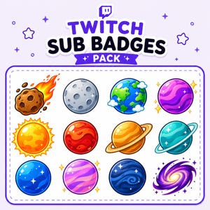 Könnte beinhalten: Eine digitale Sammlung von Twitch-Abonnenten-Abzeichen mit Weltraum-Motiven, darunter ein brennender Asteroid, ein Mond, die Erde, ein violetter Planet, eine Sonne, ein roter Planet, Saturn, ein türkisfarbener Ringplanet, ein blauer Planet und eine Galaxie.