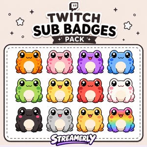 Op de afbeelding: Een digitale grafische set van twaalf cartoon kikker iconen voor Twitch sub badges. De kikkers worden weergegeven in een raster, met verschillende kleuren waaronder oranje, roze, paars, blauw, groen, geel, rood, wit, zwart, grijs en een regenboogverloop.