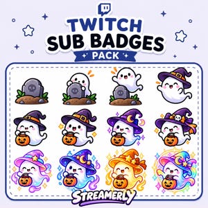 Op de afbeelding: Een digitale collectie van twaalf Twitch-abonneebadges met witte geesten in diverse Halloween-ontwerpen, waaronder geesten met grafstenen, pompoenen en kleurrijke heksenhoeden, weergegeven onder de tekst TWITCH SUB BADGES PACK.