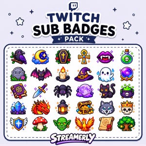 Puede incluir: Una colección de insignias digitales de suscripción de Twitch con varios iconos, incluyendo un cuervo, luna, ataúd, ankh, labios de vampiro, poción, lápida, murciélago, vela, sombrero de bruja, fantasma, bola de cristal, libro de hechizos, daga, araña, gato, caldero, cristales, dragón, linterna, cofre del tesoro, lobo, calavera, escudo, hongo, duende, fénix, pergamino y árbol, con el texto Twitch Sub Badges Pack y Streamerly.