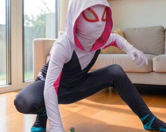 Costume da supereroe per bambini / Tuta intera bianca e rosa per cosplay e feste a tema