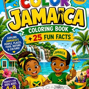 May include: A Color Jamaica colouring book featuring a cartoon illustration of two children colouring at a beach with a waterfall, palm trees, and the Jamaican flag. The cover includes the text Color Jamaica Colouring Book + 25 Fun Facts.